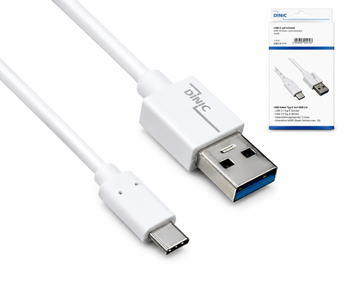 USB 3.1 kaabel tüüp C - 3.0 A andme- ja laadimiskaabel, 5Gbps, 3A laadimine, valge, DINIC karp koos Euro-auguga, 2m